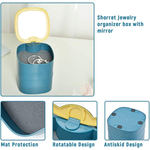 Detailed view of 4-layer rotating jewelry organizer with mirror